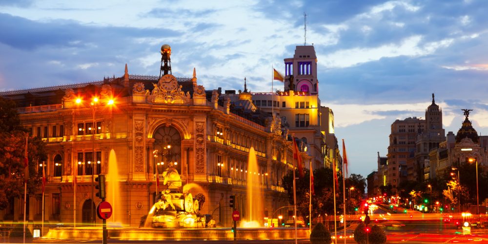 Plaza de Cibeles in summer dusk. Madrid, Spain